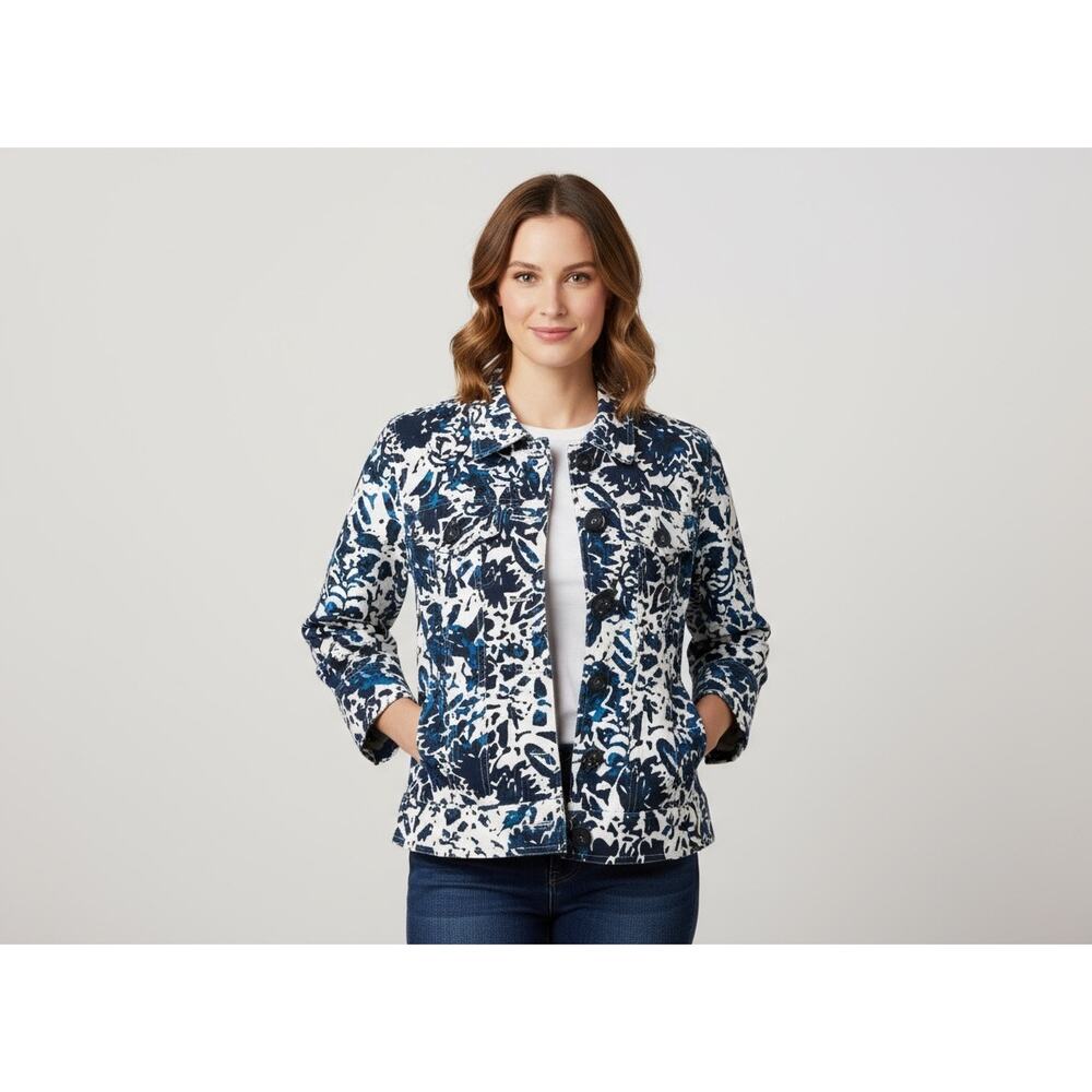 Coldwater Creek Jacquard Jacket Blue White Cotton 3/4 Sleeve Petite P8